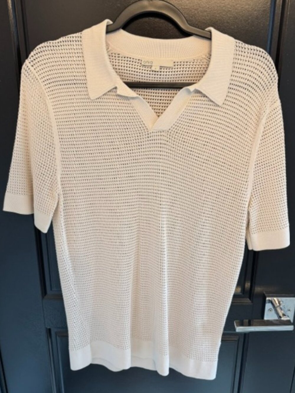 Men's Onia Mesh Knit Polo Shirt Short Sleeve Cream Open Weave Casual - Small